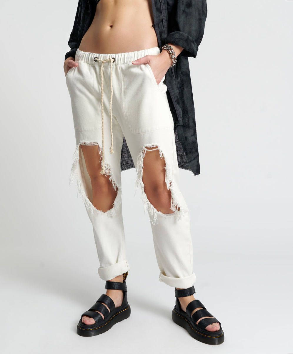 Shabbies Low Waist Drawstring Boyfriend Denim Jeans | Soft White