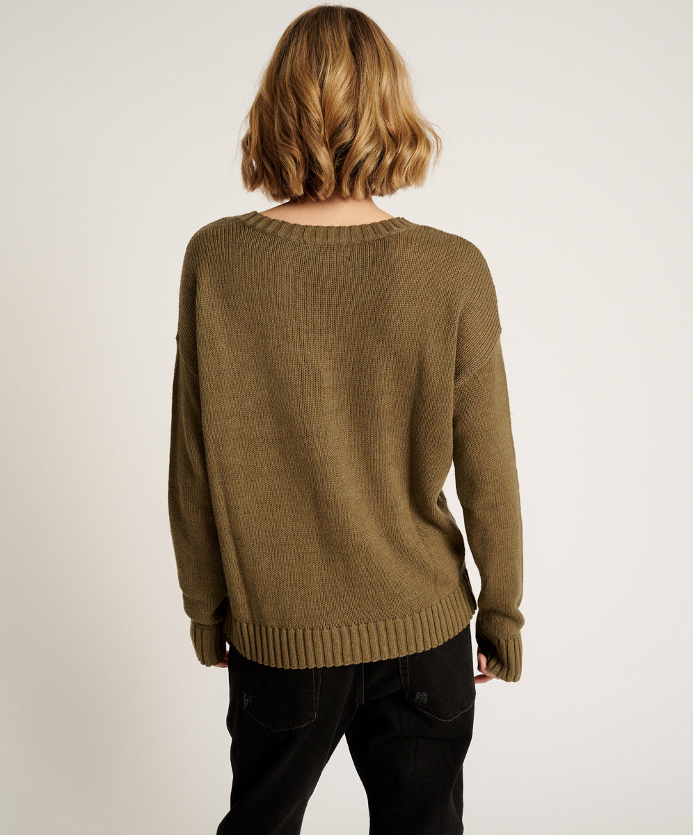 Classic Pocket Chunky Knit Sweater | Khaki