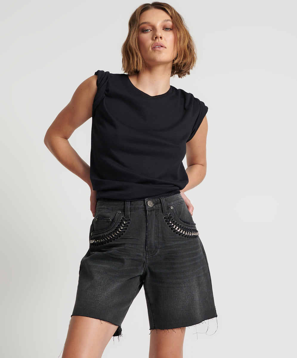 Jacksons Mid Waist Wide Leg Denim Shorts | Storm Grey