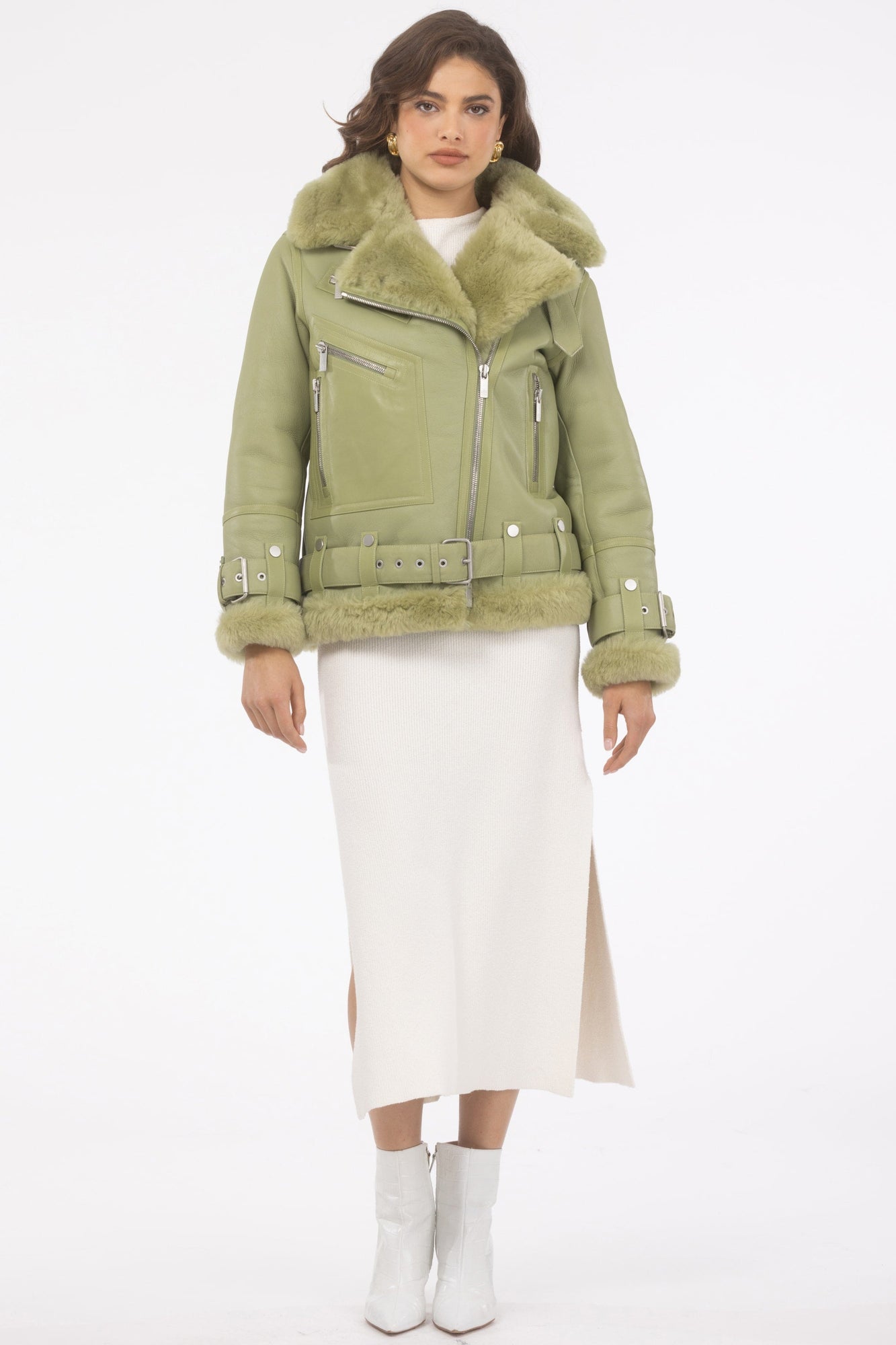 Select Shearling Lamb Zip Moto Jacket | Women | Light Green