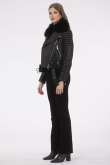 Select Lambskin Moto Zip Jacket With Detachable Toscana Shearling Lamb Collar | Women | Black