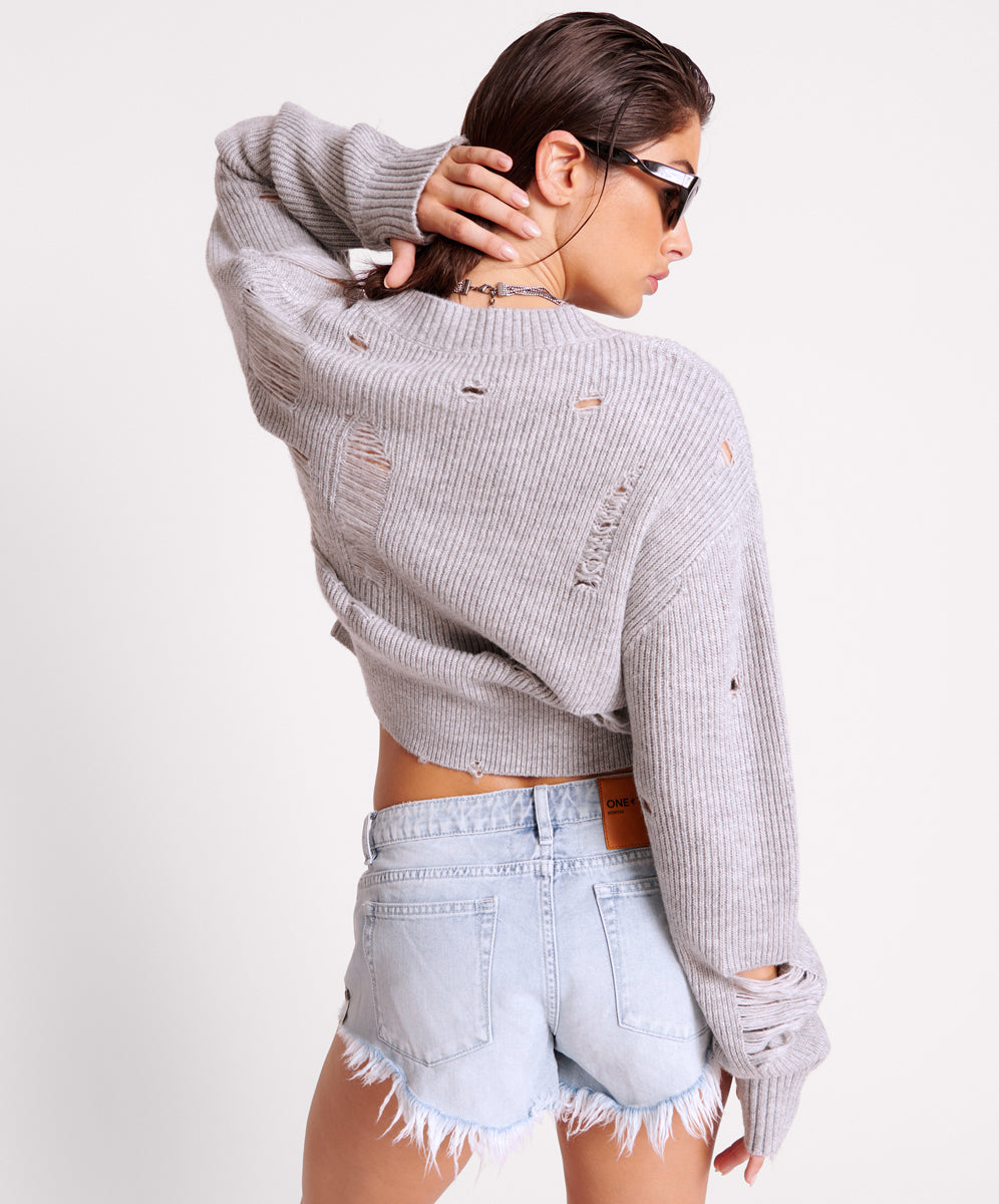 Laddered V-Neck Distressed Sweater | Grey Marle