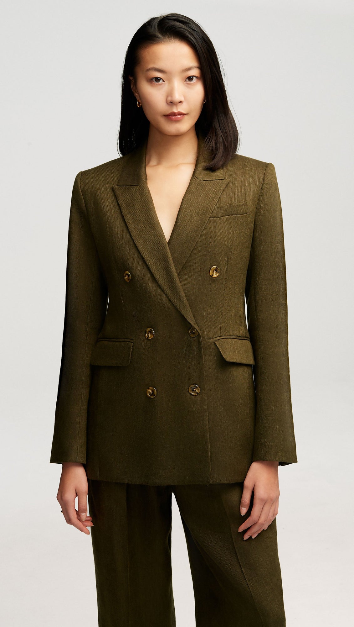 Double-Breasted Blazer in Basket Weave Linen | Pine Needle