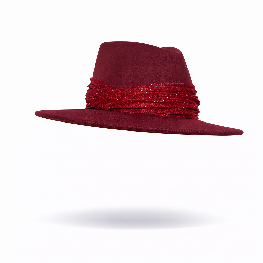 Red hat with decorative sparkly band on a white background