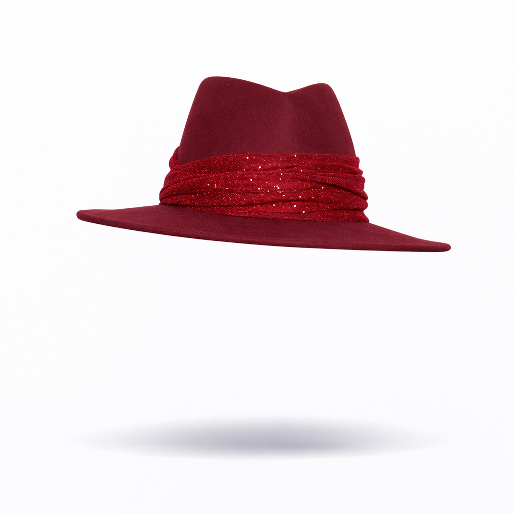 Red fedora hat with decorative sparkly band on a white background