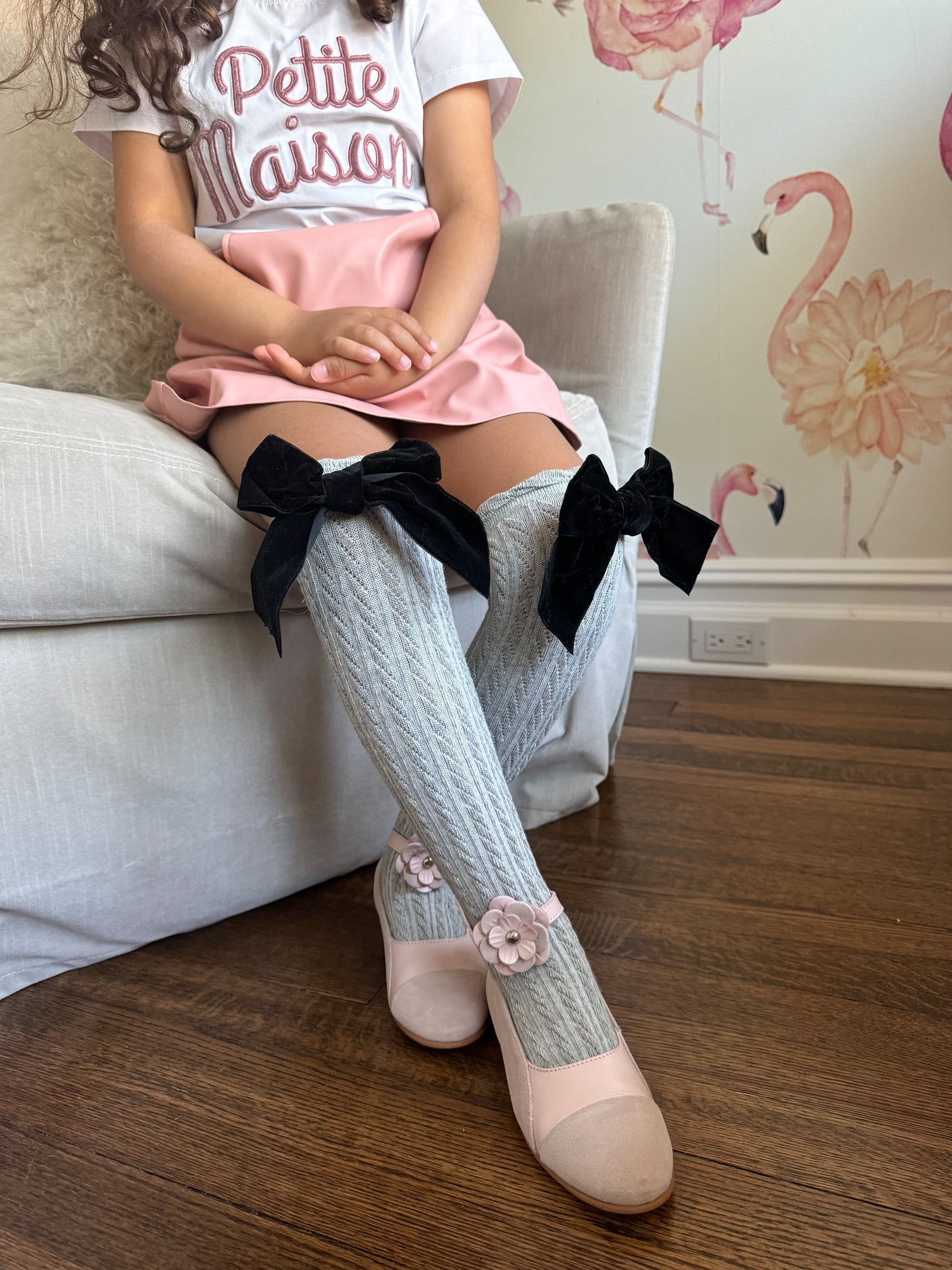 Grey Knee High Socks with Black Velvet Bow | Black