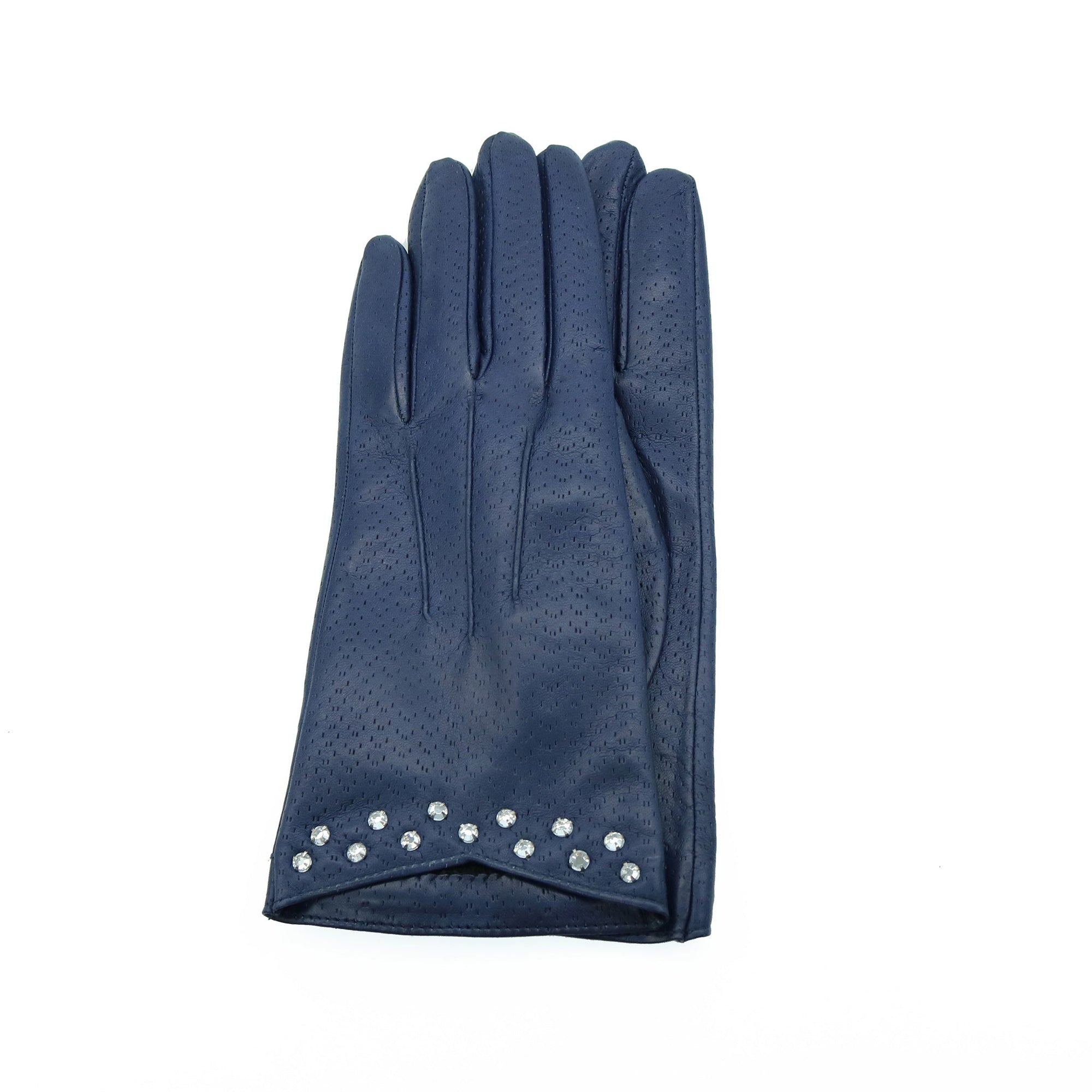 Leather Gloves With Stones On Cuff | Navy