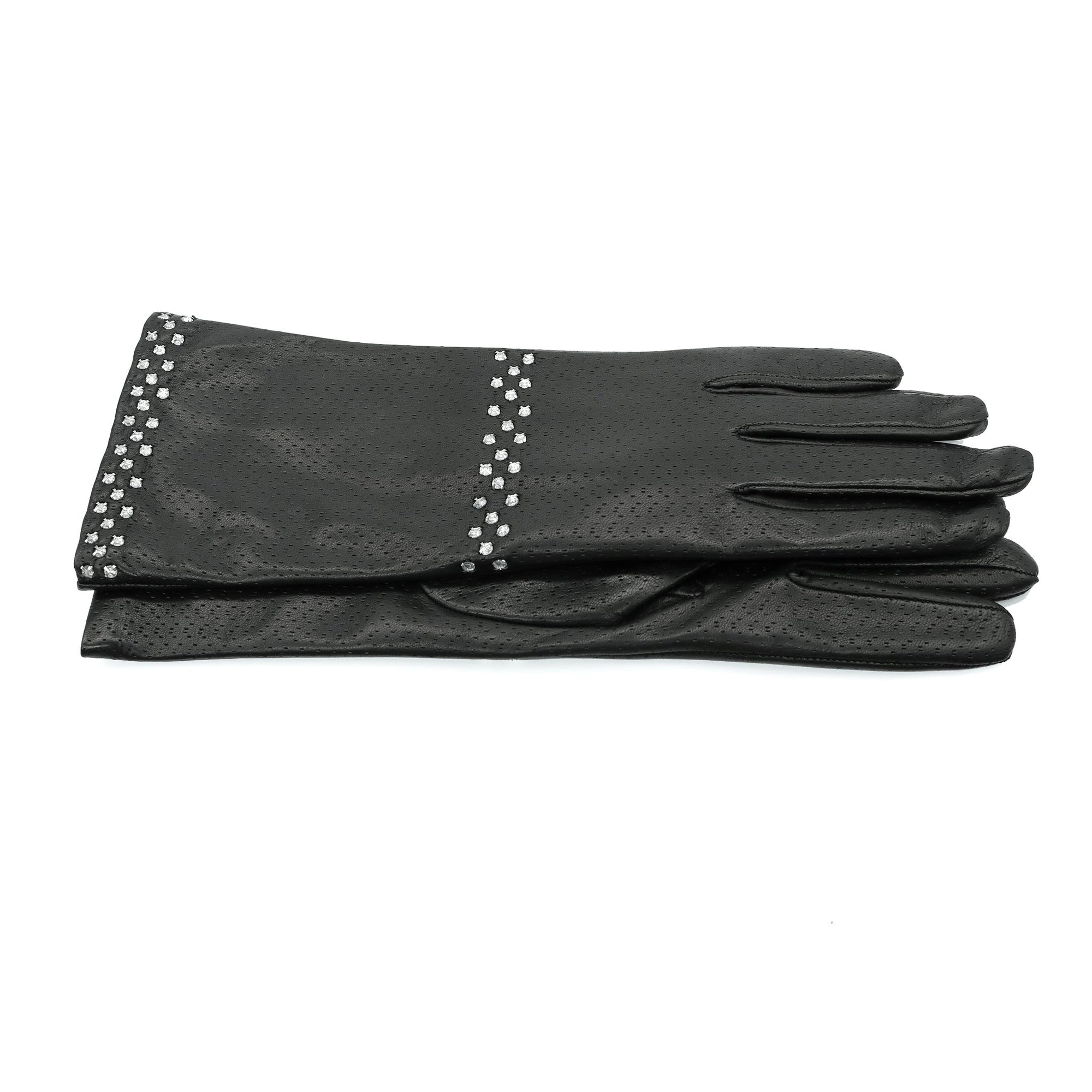 Mid Length Leather Gloves With Stones | Black