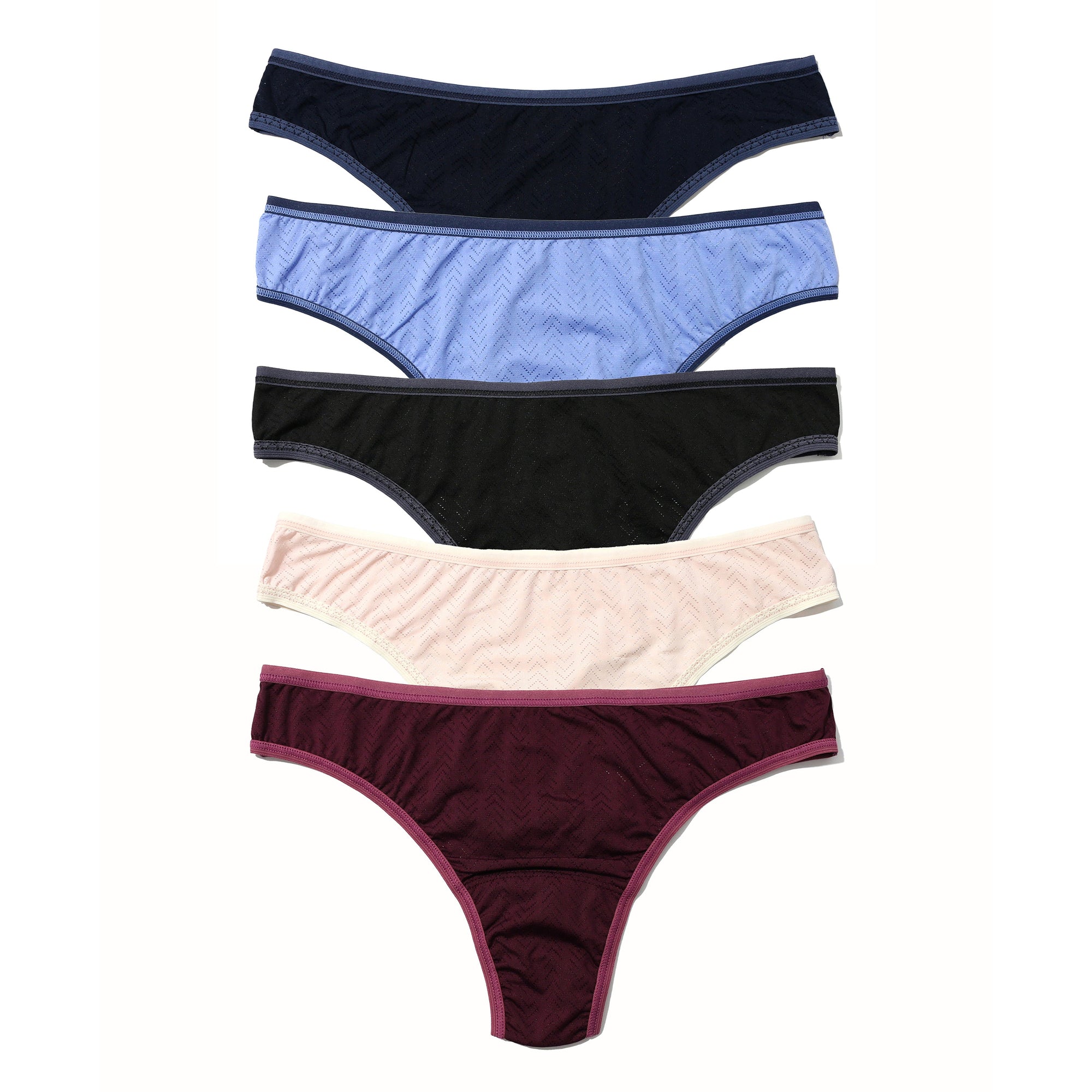 5-Pack MoveCalm Natural Rise Thong | Black/Granite - Cool Water/Bicostal - Pearl/Marshmallow - Blackberry Crumble/Waterfall Blue - Dried Cherry/Damson Plum