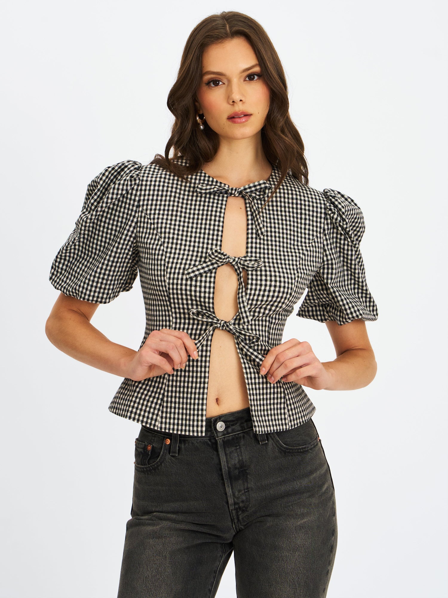 Qusayla Cotton Bubble Sleeve Bowtie Top | Black Gingham