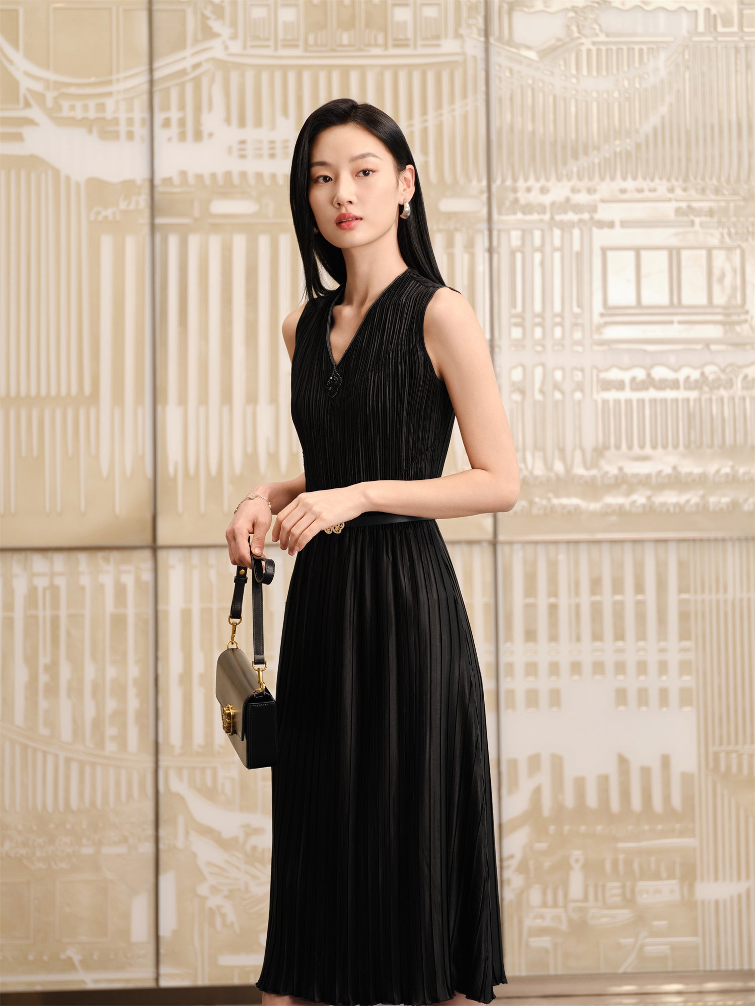 Pleated Waist-Cinched Dress | Black