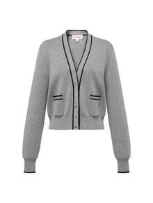 Cotton Cashmere Blended V-Neck Color-Block Knit Cardigan | Grey