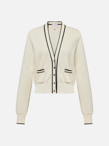 Cotton Cashmere Blended V-Neck Color-Block Knit Cardigan | White