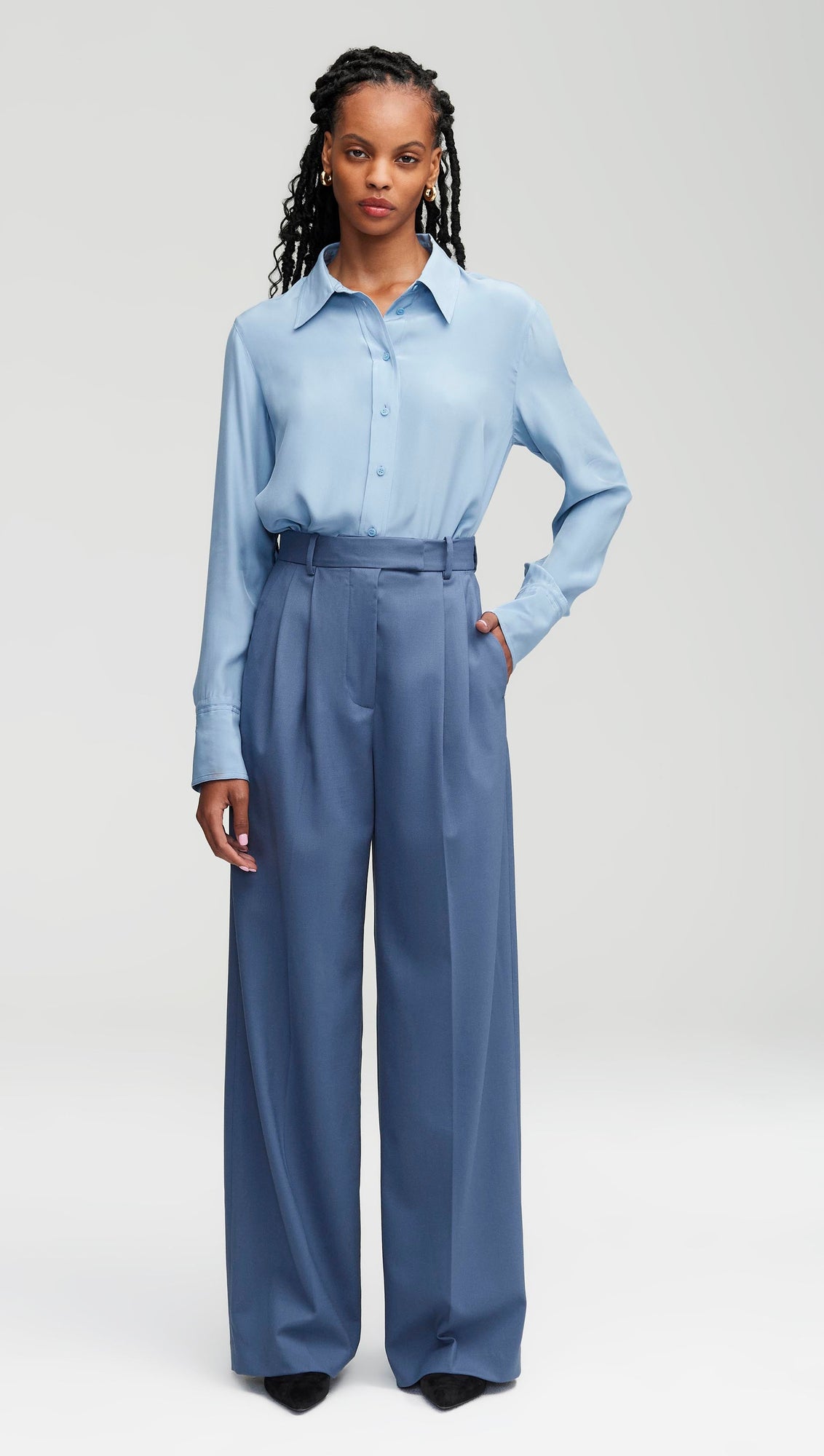 Slim Blouse in Matte-side Silk Charmeuse | Slate Blue