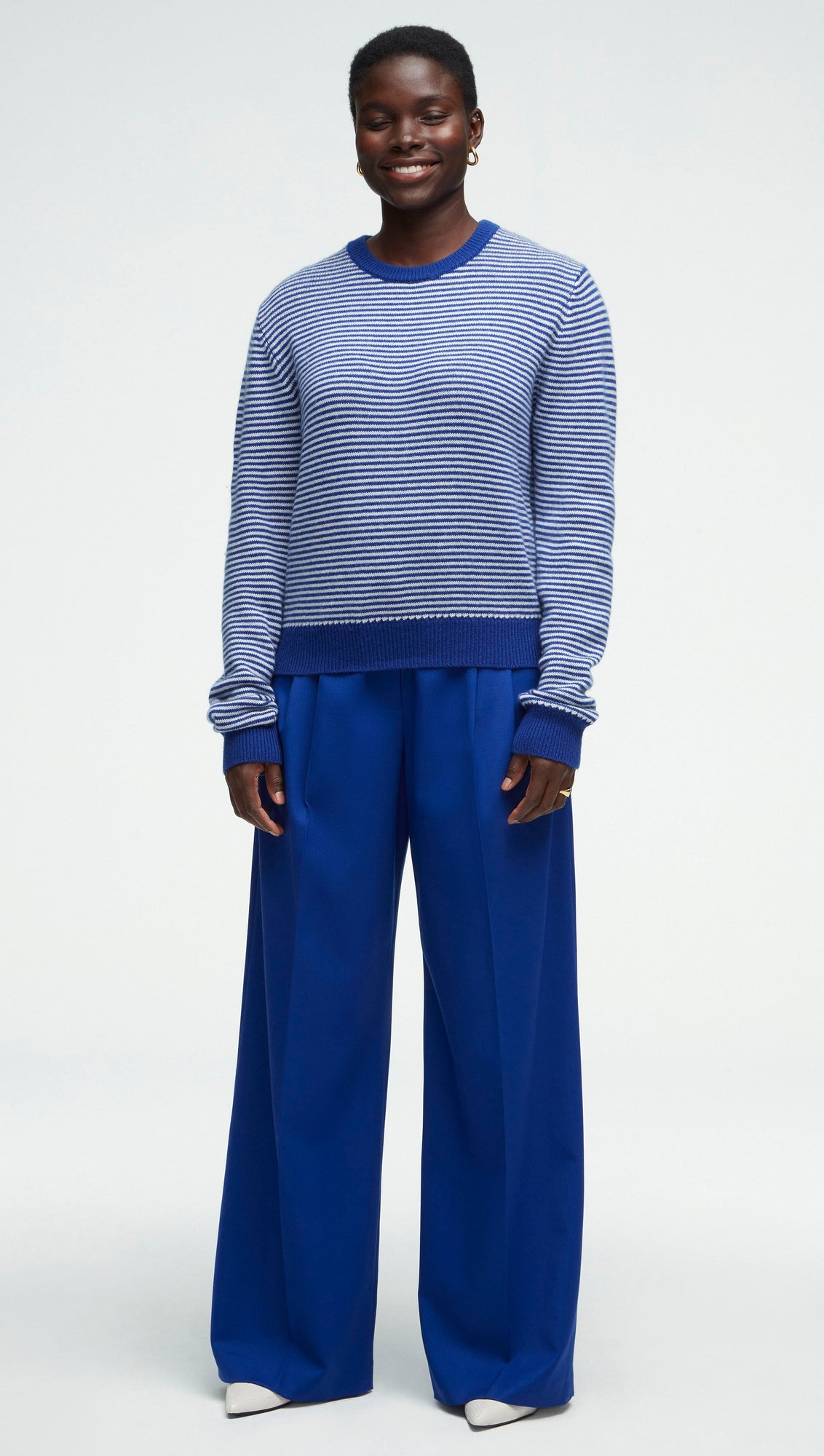 Striped Crewneck Sweater in Wool-Cashmere | Ivory/Cobalt