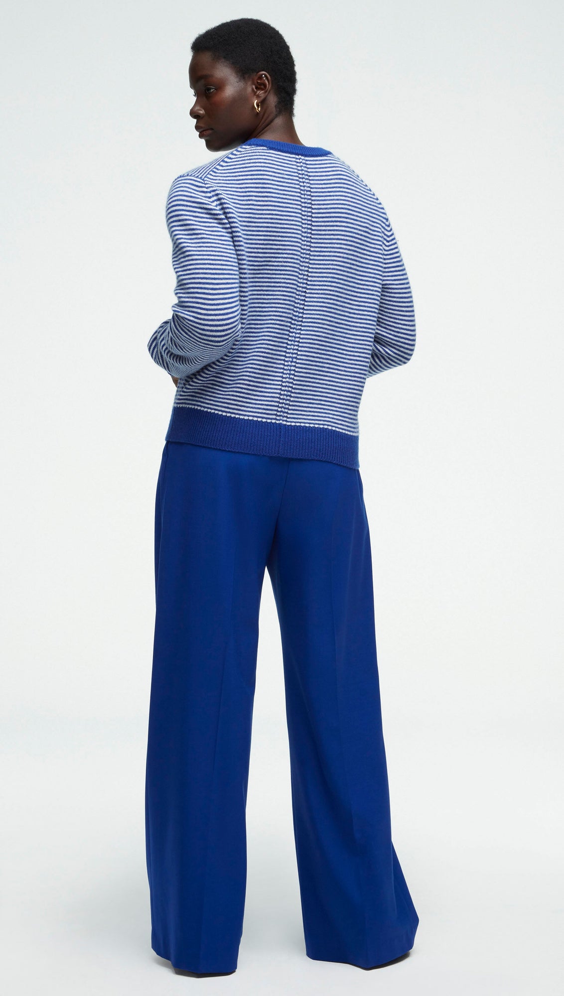 Striped Crewneck Sweater in Wool-Cashmere | Ivory/Cobalt