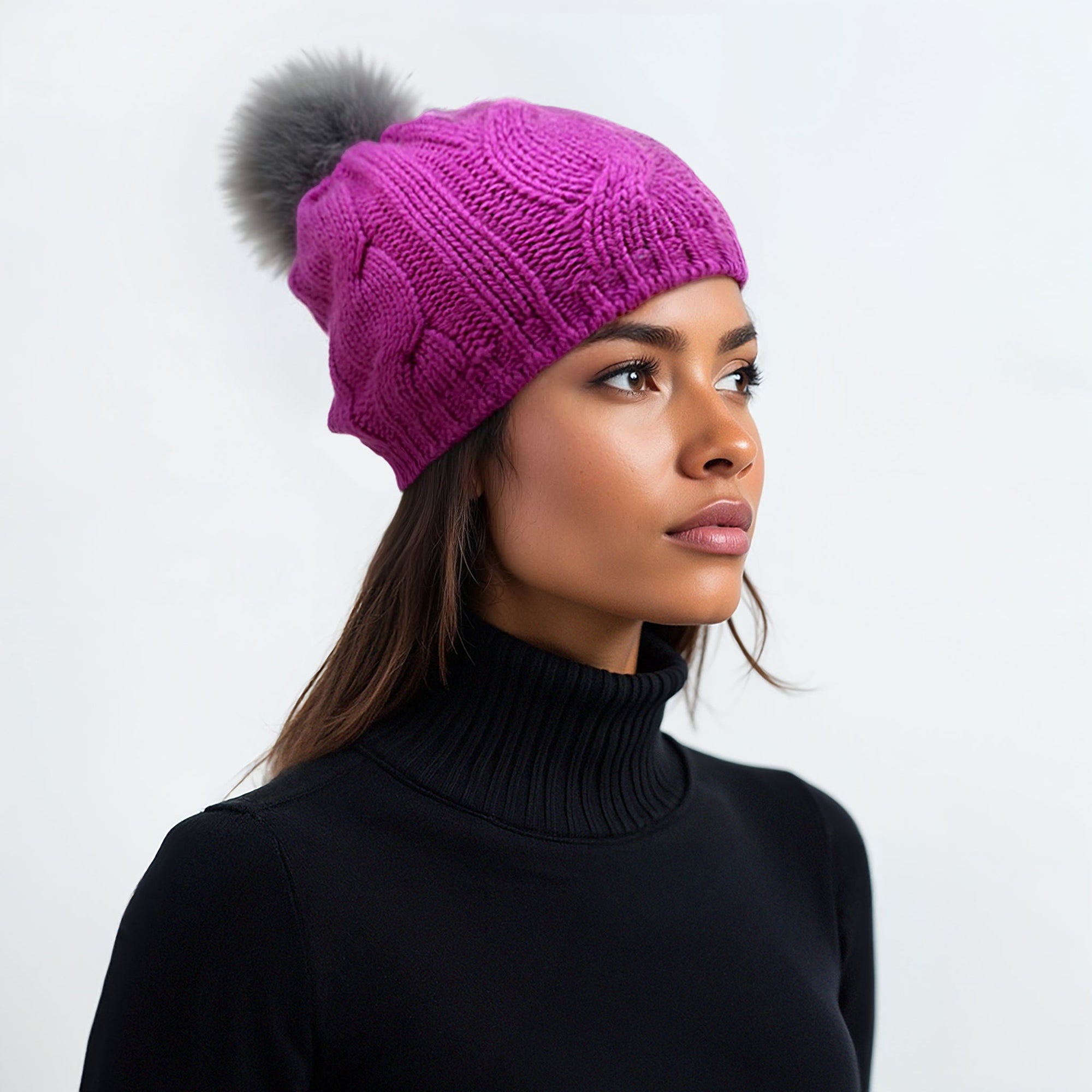 Chunky Cable Beanie With Fox Fur Pom | Very Berry