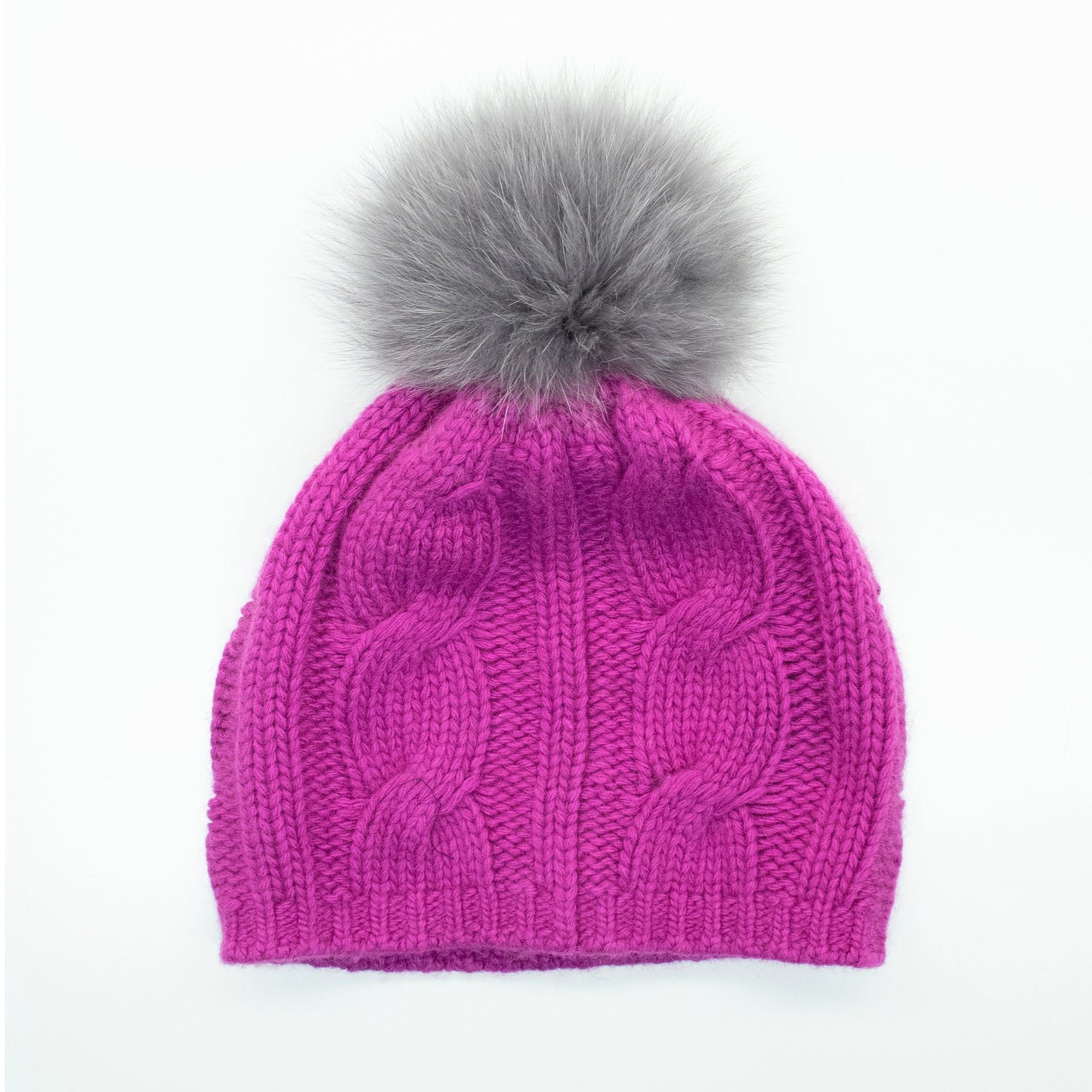 Chunky Cable Beanie With Fox Fur Pom | Very Berry