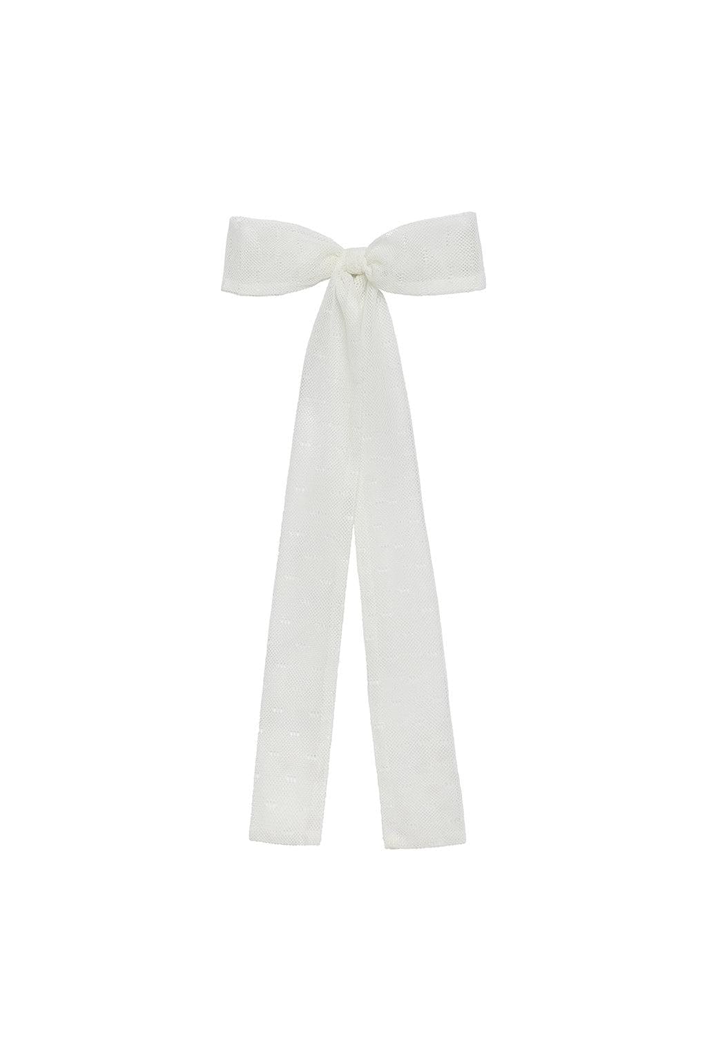 White lace hair ribbon with bow knot and long trailing tails.