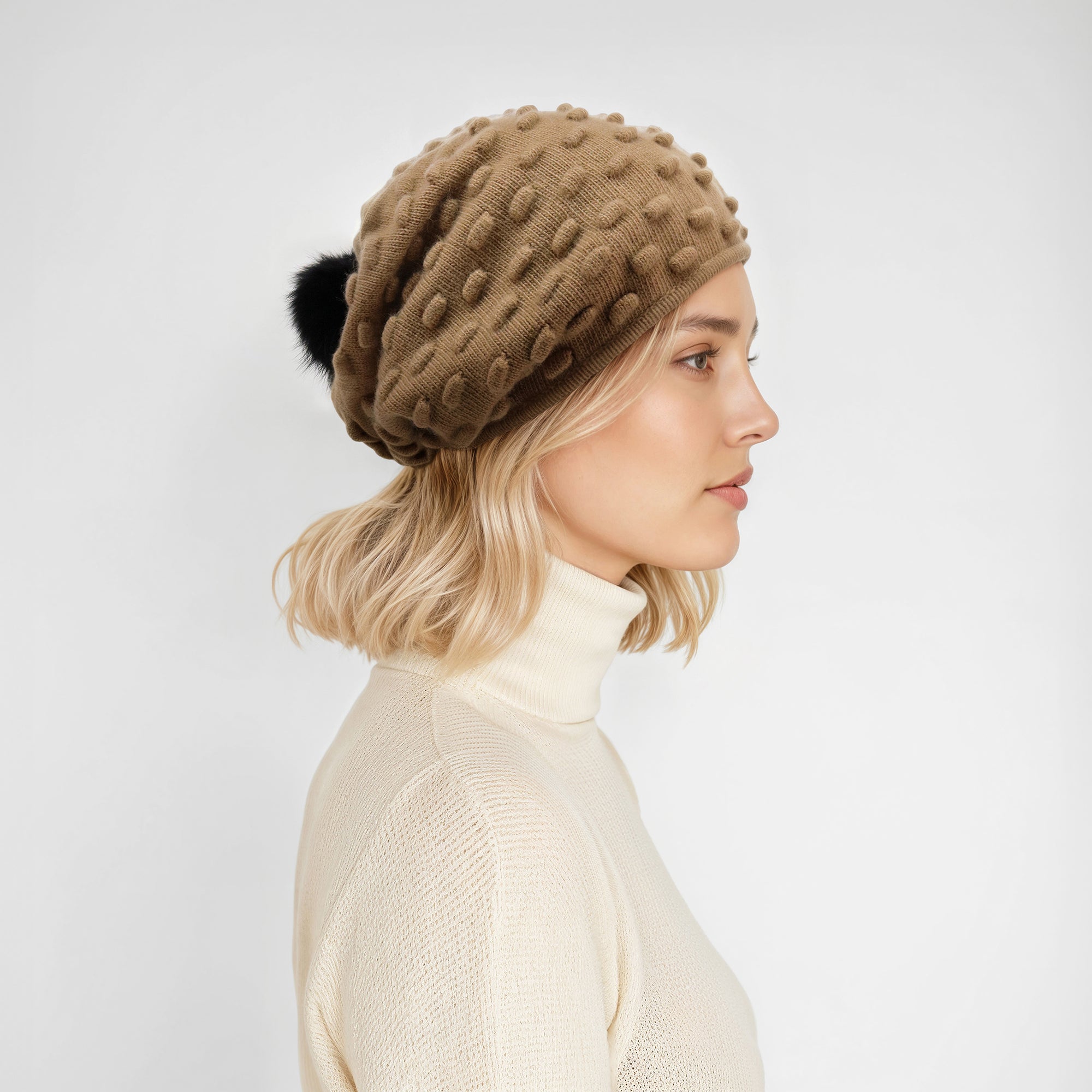 Hat In Popcorn Stitch And Fur Pom | Camel