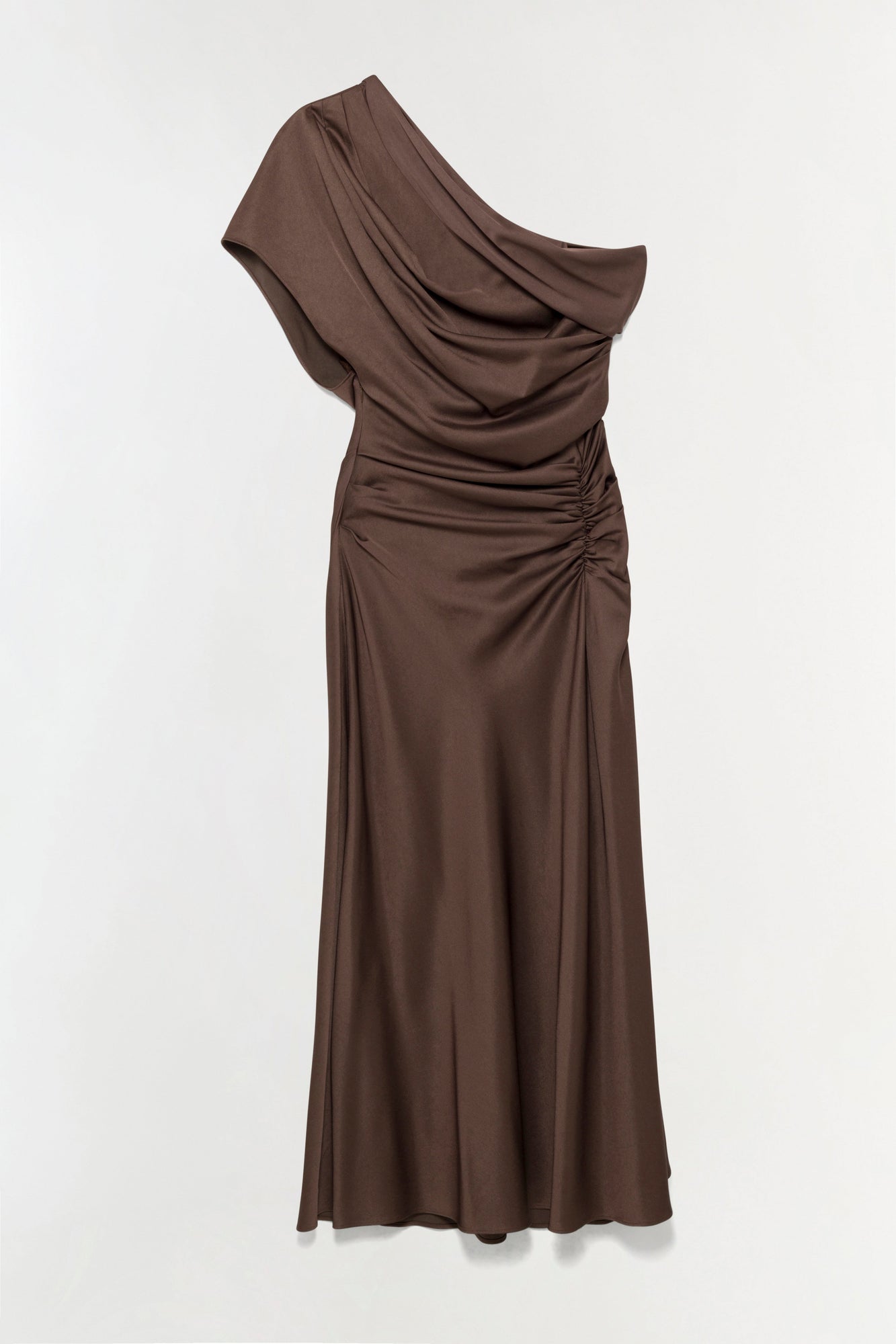 Brown satin midi dress with one-shoulder neckline, draped bodice, and ruched side detail.