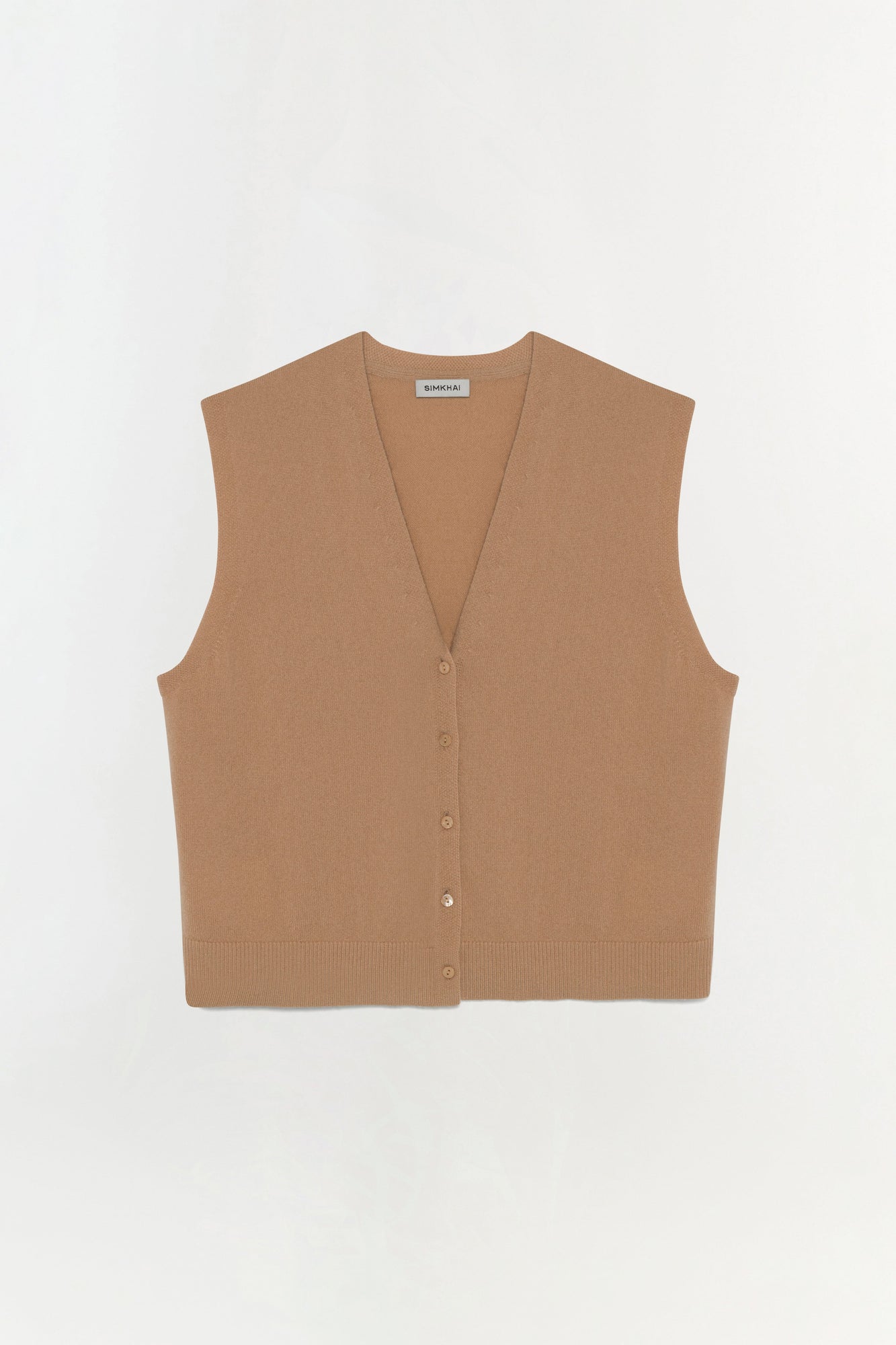 Camel-colored sleeveless vest with V-neckline and front button closure.