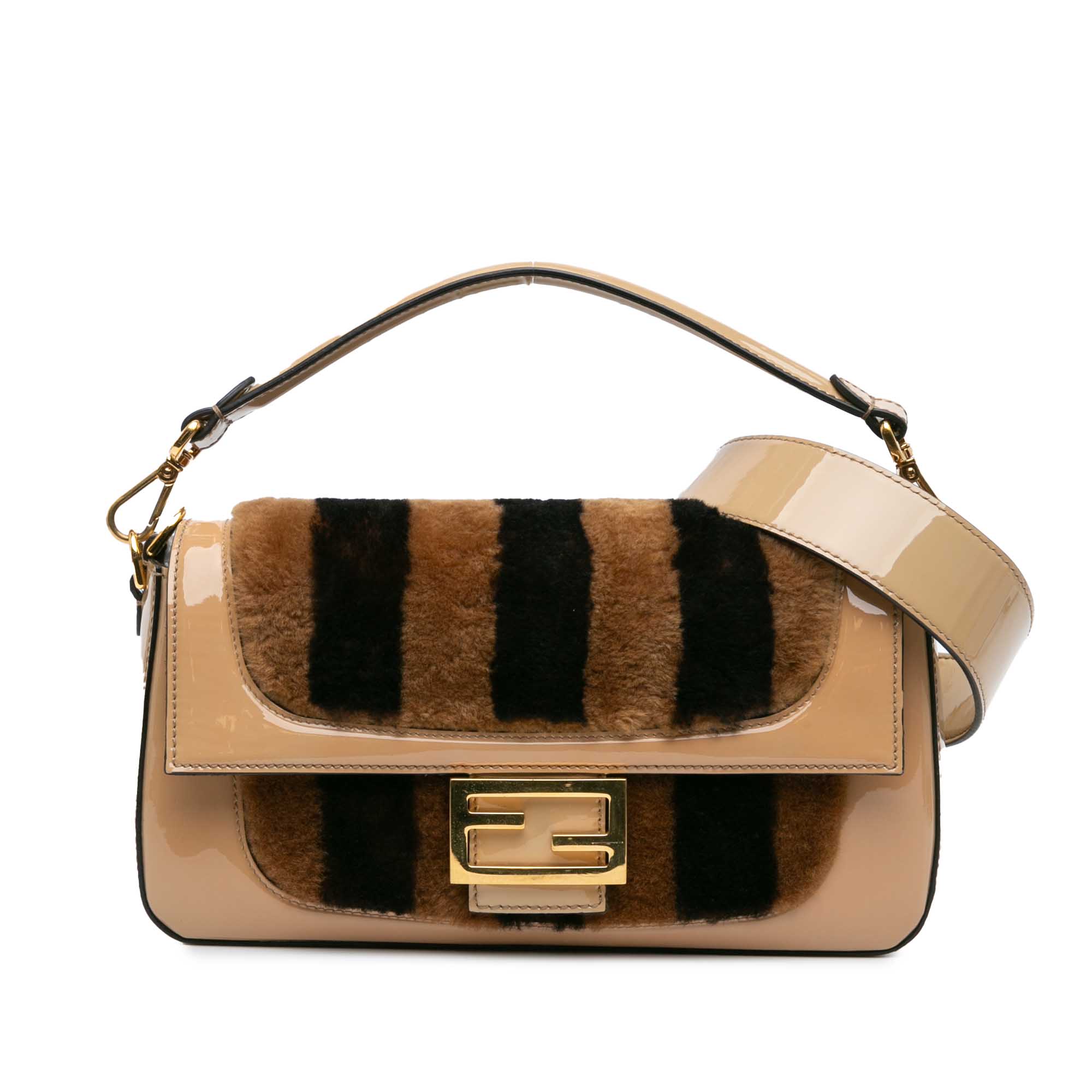 Fendi | Pre-Owned Shearling Pequin Baguette Satchel | Brown/Beige