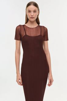 Burgundy plisse midi dress with sheer short sleeves and ribbed texture throughout.