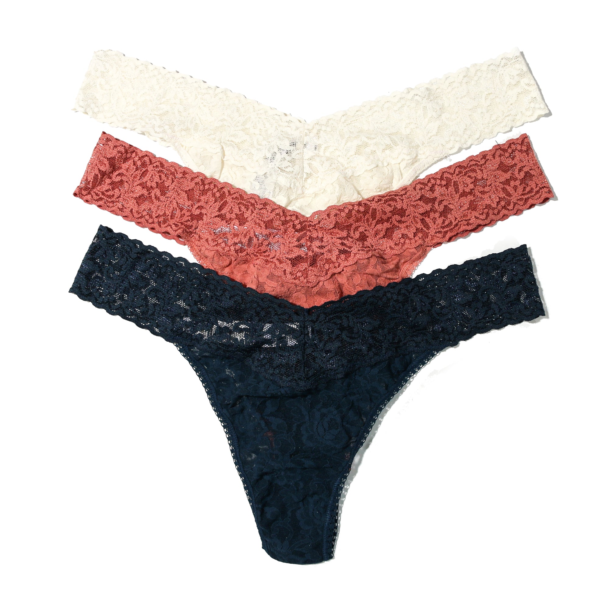 3-Pack Plus Size Signature Lace Original Rise Thongs | Ivory/Himalayan Pink/Nori Blue