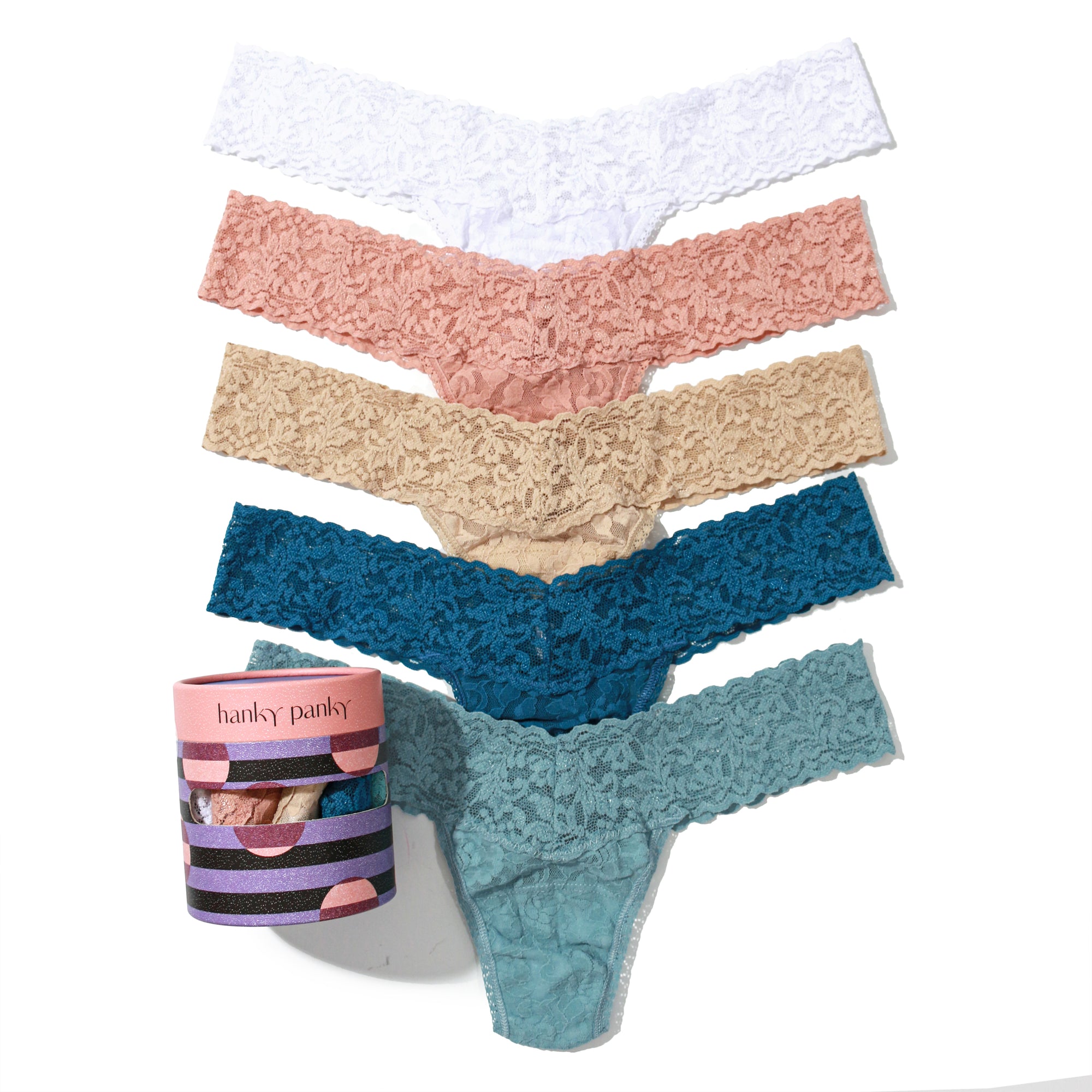 5-Pack Signature Lace Low Rise Thongs | White/Seashell Beige/Sand/Storm Cloud Blue/Duck Egg Blue