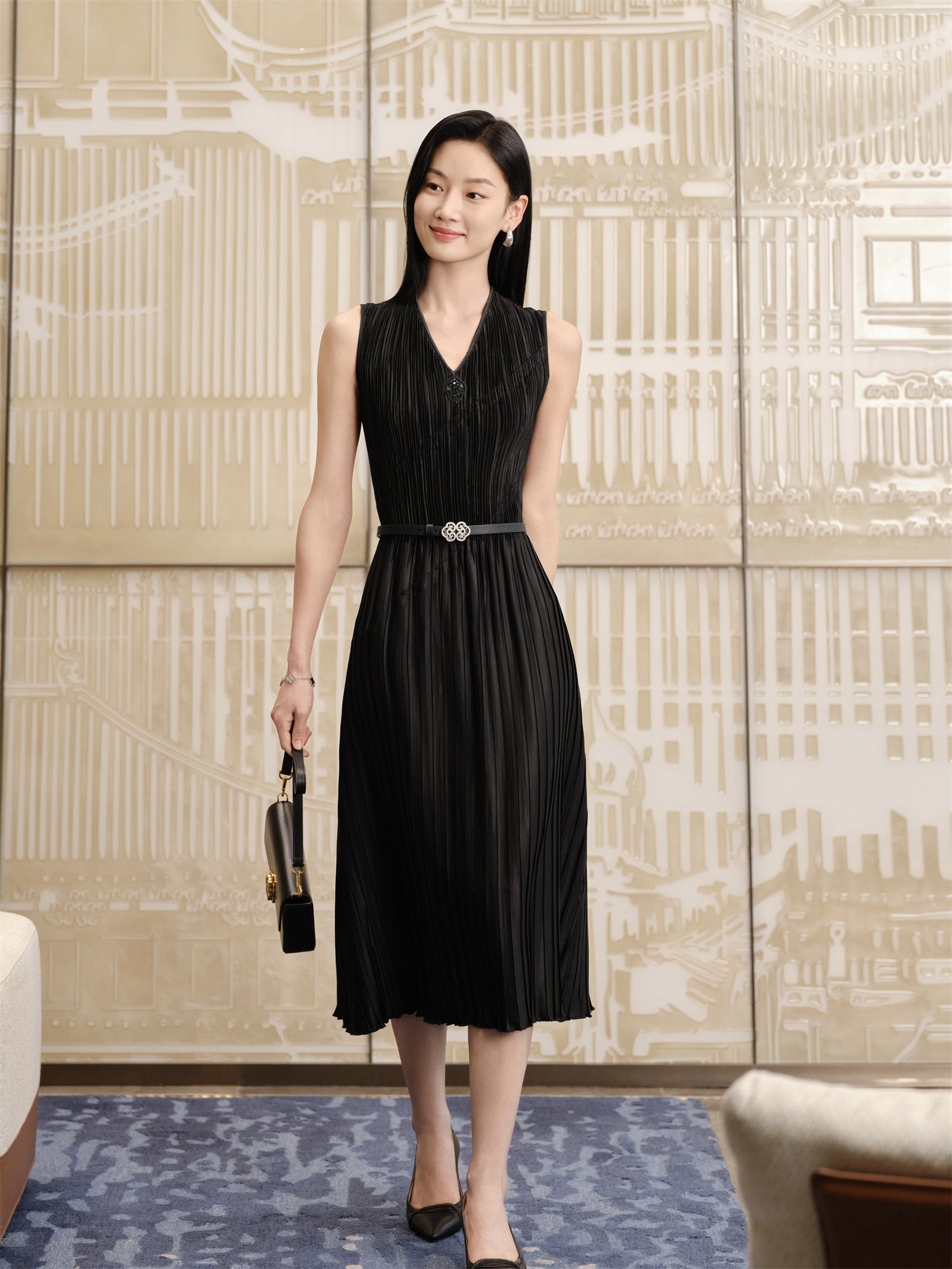 Pleated Waist-Cinched Dress | Black