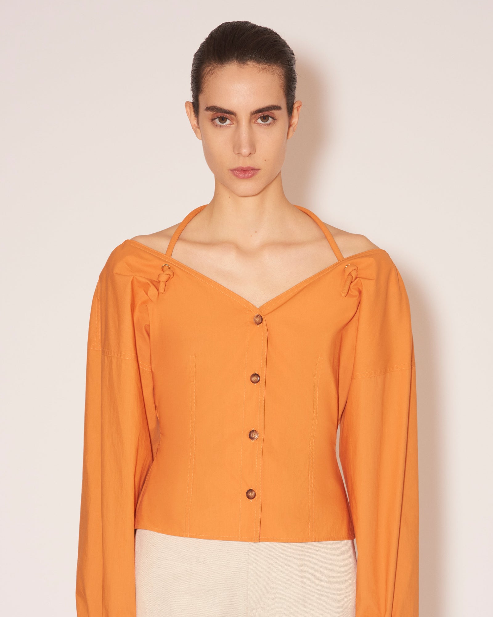 Tami Light Poplin Tie-Neck Top | Orange Merino