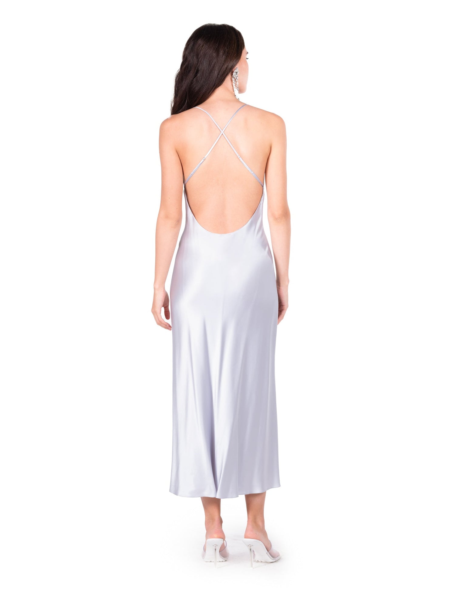 Open Back Cross Strap Midi Slip Dress | Silver Blue