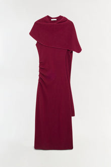 Burgundy wool cashmere midi dress with draped cowl neckline and ruched side detailing.