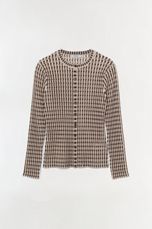 Cream and brown ribbed knit cardigan with button front closure and long sleeves.