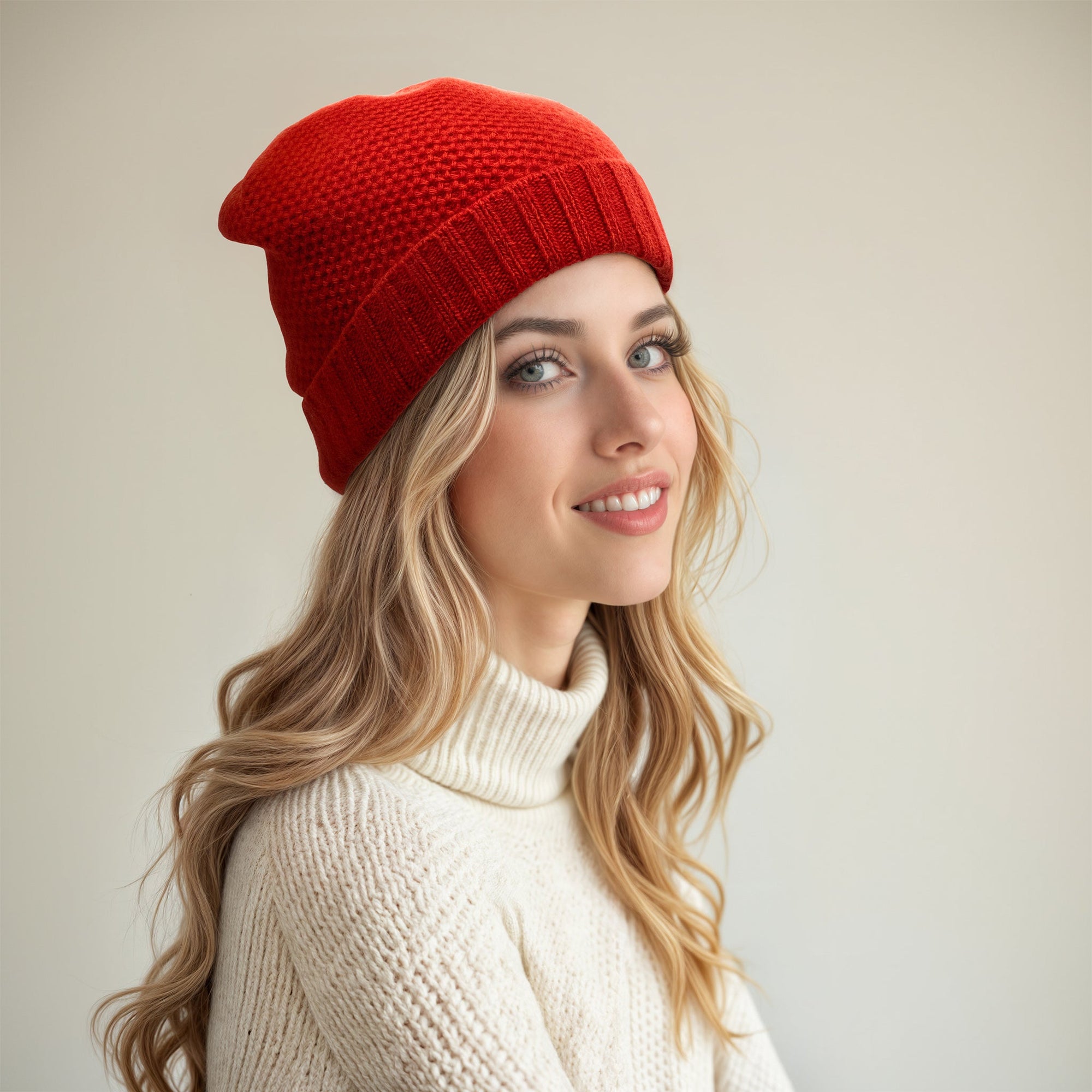 Cashmere Honeycomb Hat With Folded Cuff | Fire Red