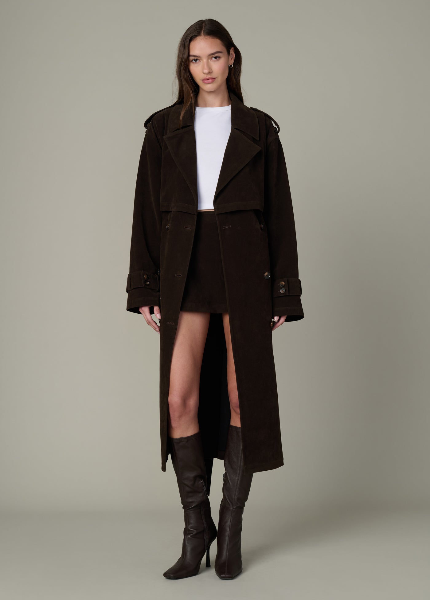 The Elizabeth Vegan Suede Trench Coat in Dark Chocolate – stylish and sustainable women's winter coats.