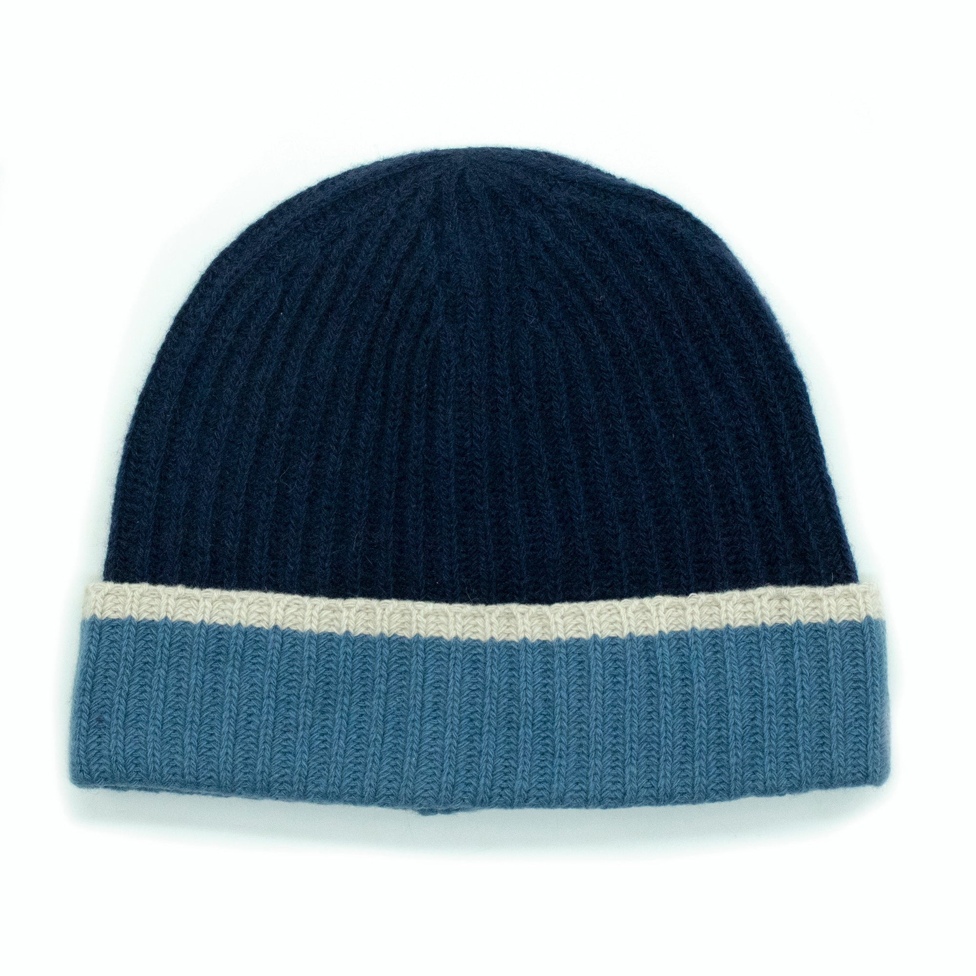 Cashmere Ribbed Beanie Color Block | Navy Combo