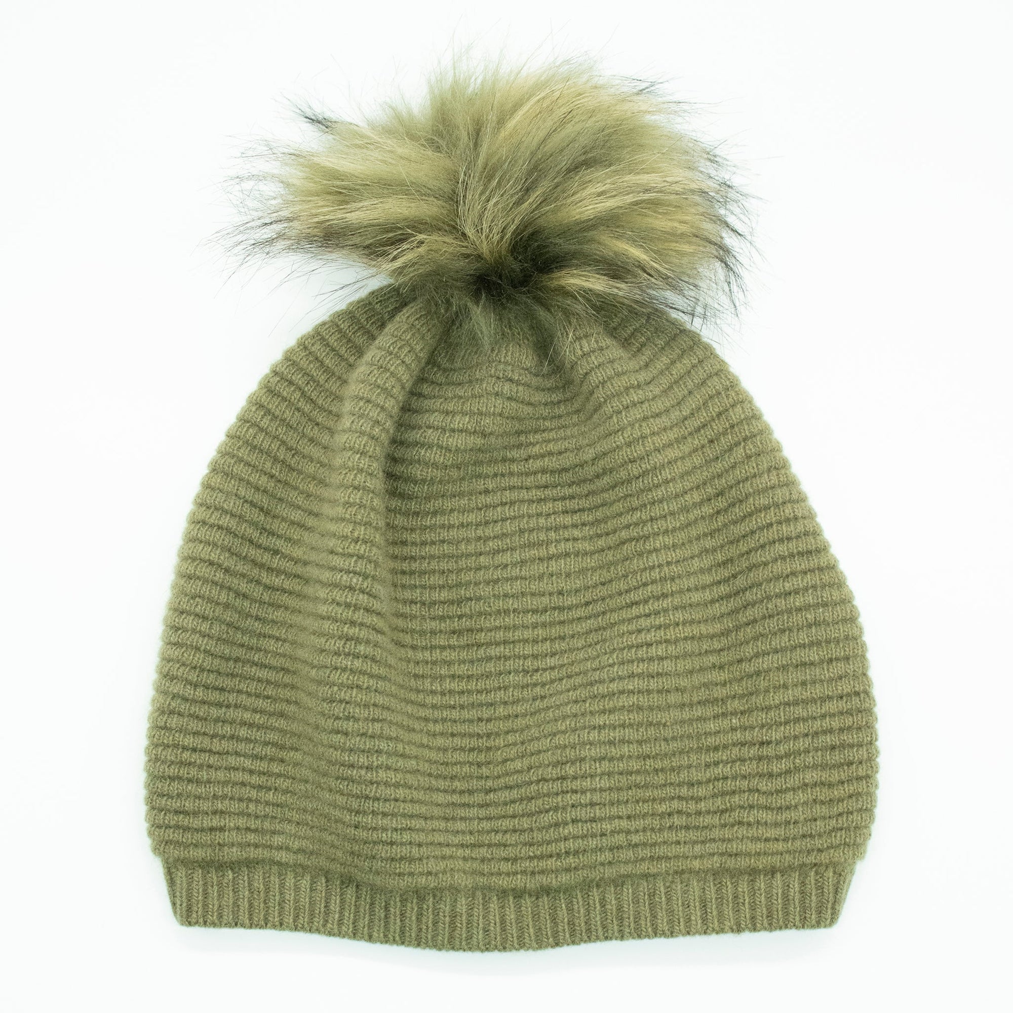 Cashmere Slouchy Ribbed Beanie With Pom | Martini Olive