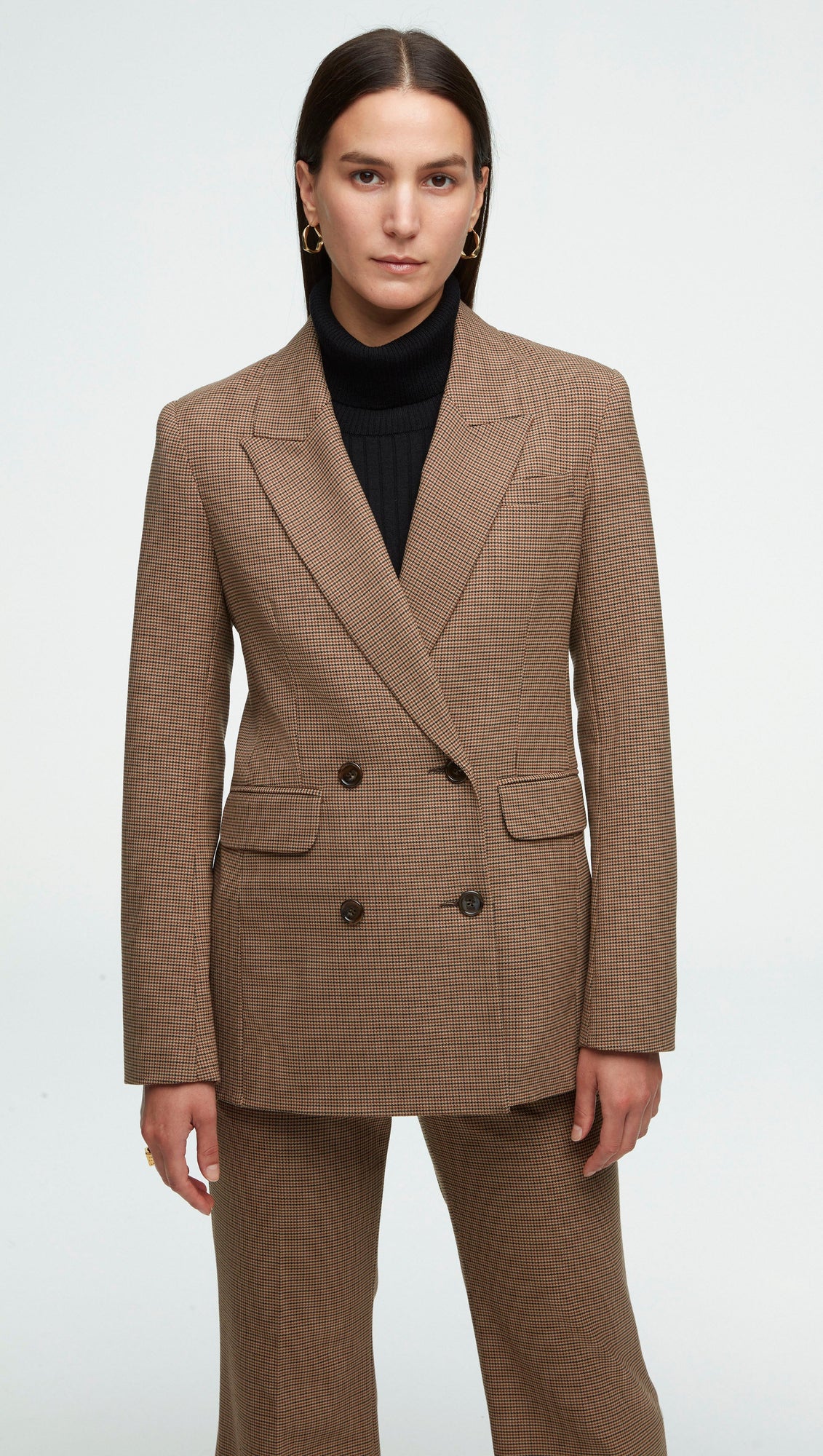 Double-Breasted Blazer in Stretch Wool | Brown Houndstooth