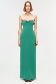 Green strapless floor-length gown with crystal embellishments along the sweetheart neckline.