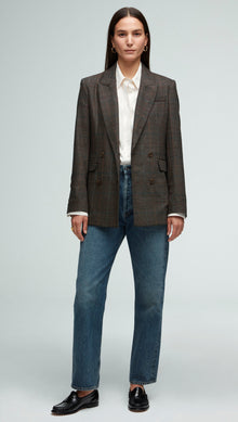 Double-Breasted Blazer in Wool Plaid | Black/Beige Multi