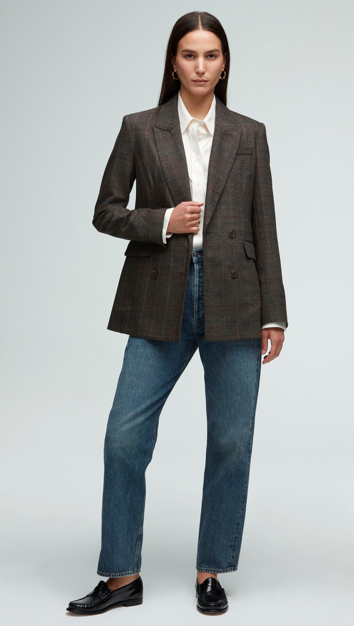 Double-Breasted Blazer in Wool Plaid | Black/Beige Multi