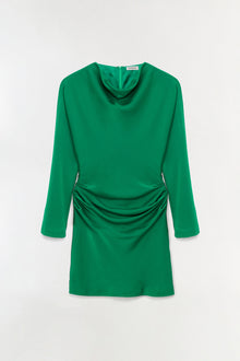 Emerald green satin mini dress with long sleeves, cowl neckline, and ruched waist detail.
