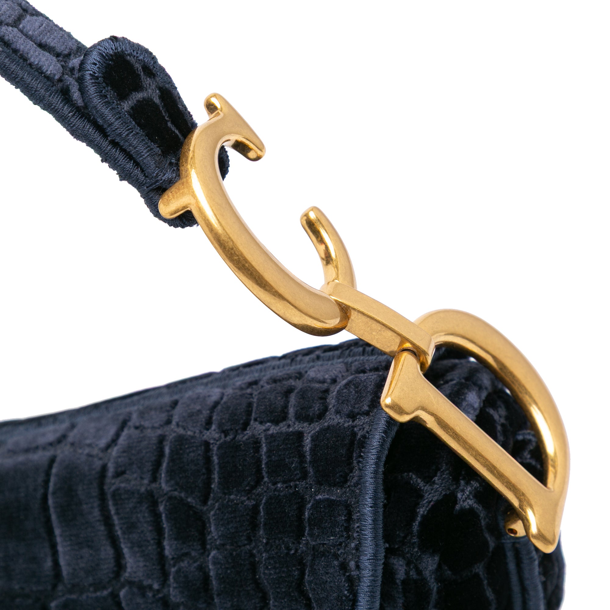 Dior | Pre-Owned Velvet Embroidered Crocodile Effect Saddle Bag | Blue/Navy