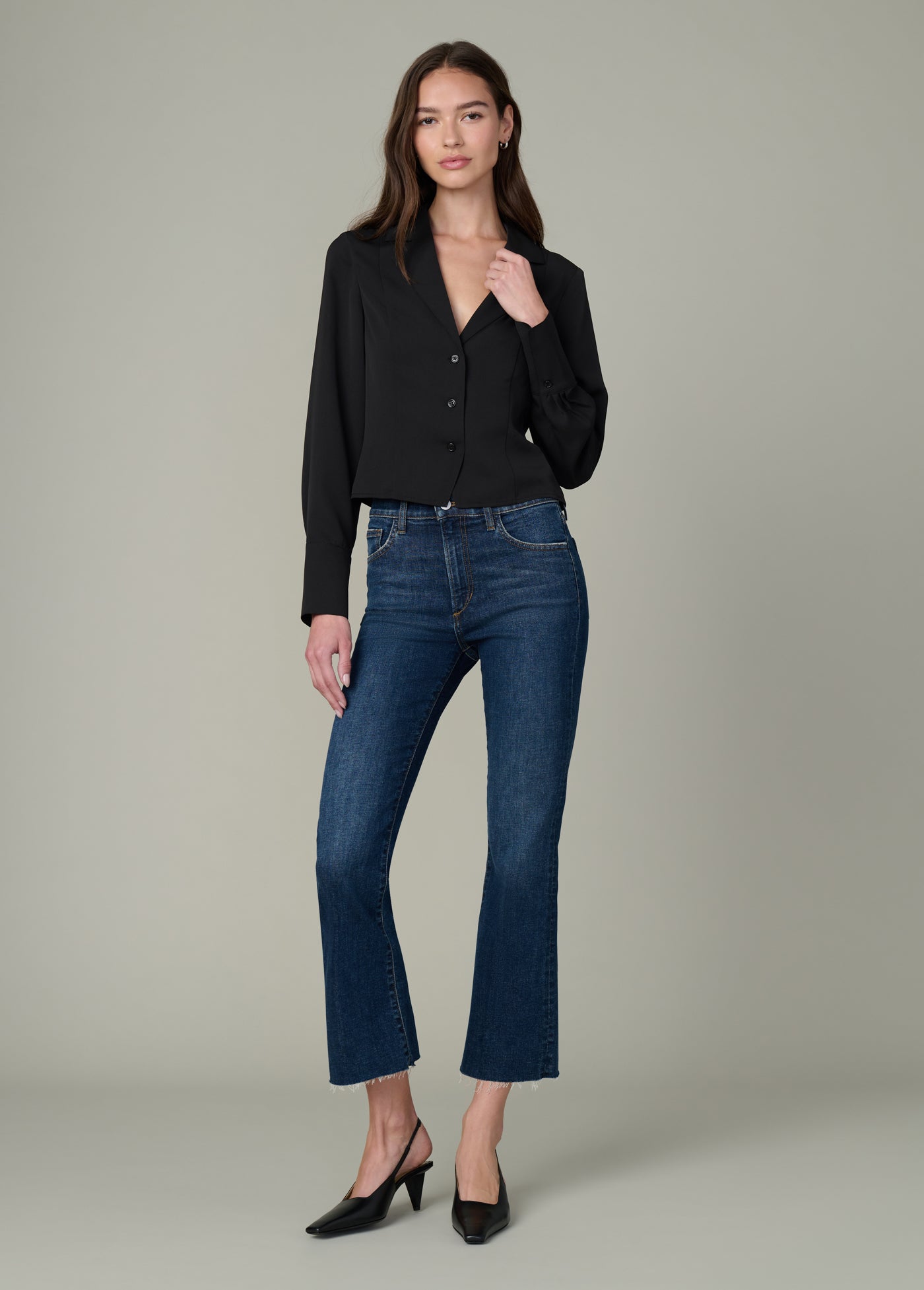 The Callie Cropped Bootcut Raw Hem jeans in Serenade – stylish high waisted boyfriend jeans with raw hem detail.