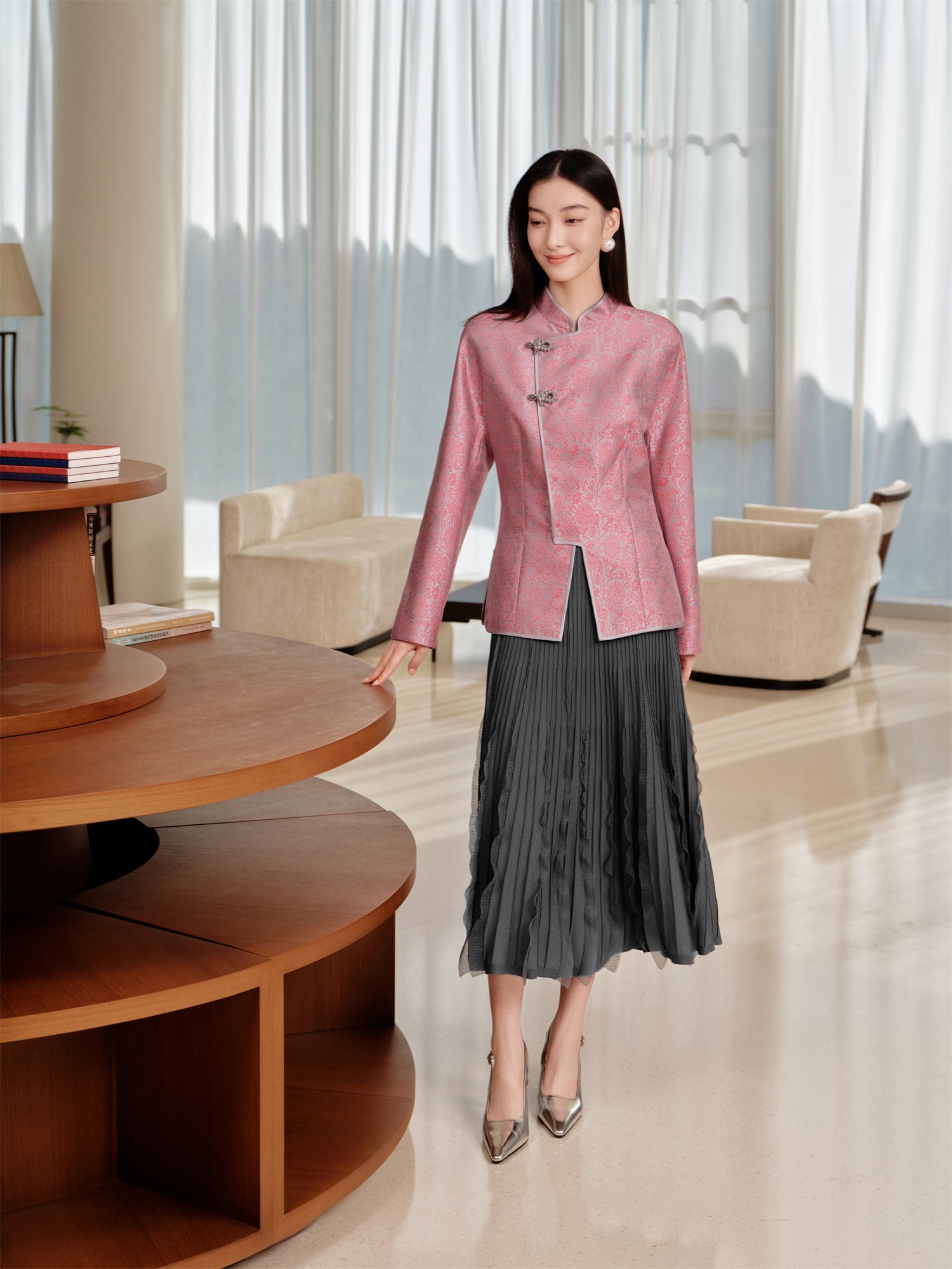 Chinese-style Mid-Waist Long Jacket | Pink