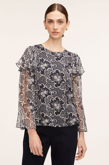 Rochelle Fleur Ruffle Silk Blouse | Rochelle Fleur Navy Combo