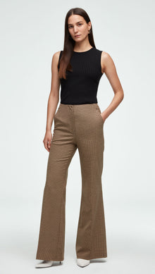 High-Waisted Flare Trouser in Stretch Wool | Brown Houndstooth