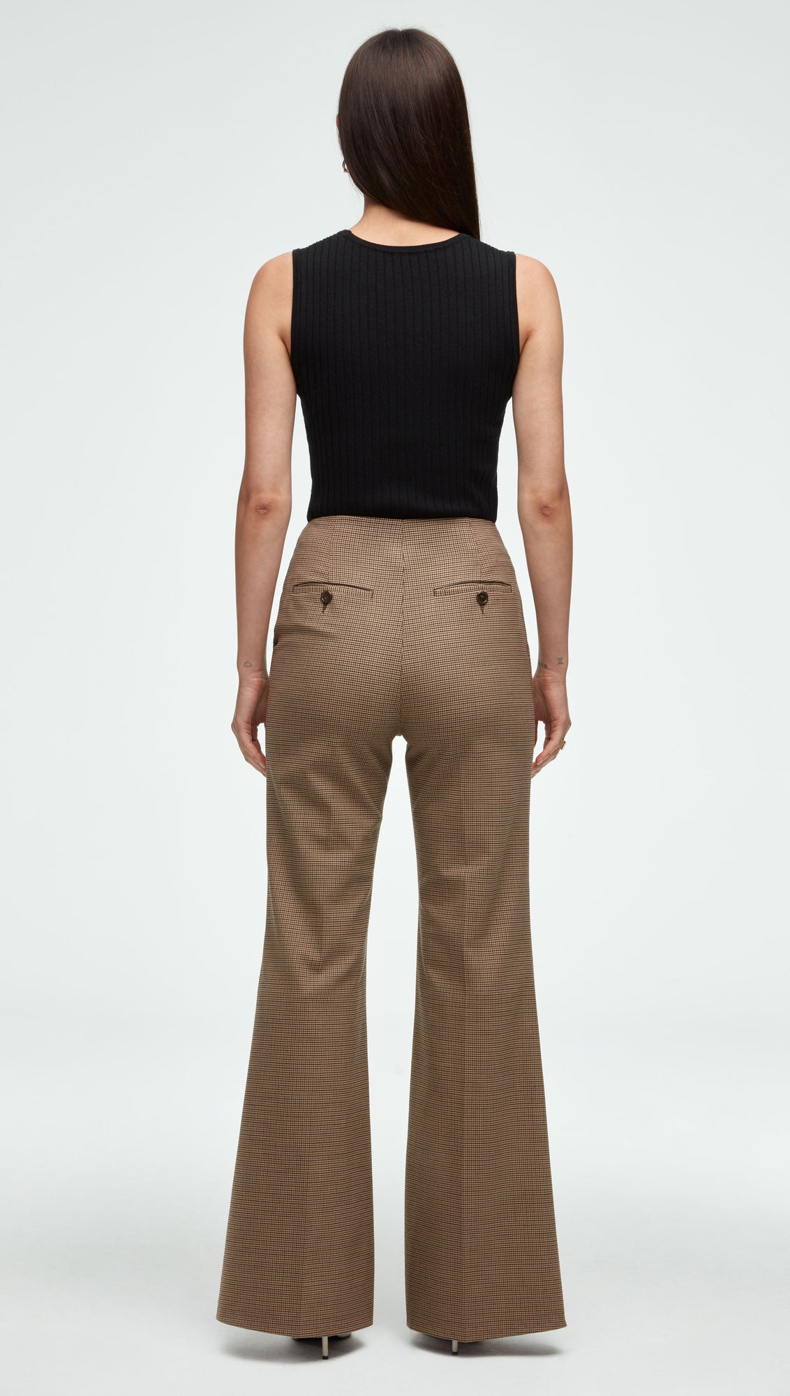 High-Waisted Flare Trouser in Stretch Wool | Brown Houndstooth